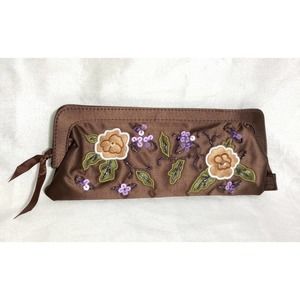 CHOCOLATE coffee brown satin Purse Clutch flowers sequins beads